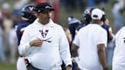 Nov 18, 2023; Charlottesville, Virginia, USA; Virginia Cavaliers head coach Tony Elliott stands on the sidelines against the Duke Blue Devils during the second quarter at Scott Stadium. Mandatory Credit: Geoff Burke-Imagn Images