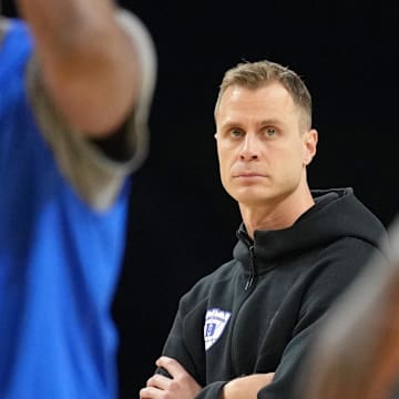 Apr 4, 2025; San Antonio, TX, USA; Duke Blue Devils head coach Jon Scheyer during a practice session for the Final Four of the 2025 NCAA tournament at Alamodome. Mandatory Credit: Robert Deutsch-Imagn Images