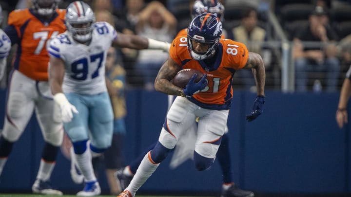 Nov 7, 2021; Arlington, Texas, USA; Denver Broncos wide receiver Tim Patrick (81) in action during the game between the Dallas Cowboys and the Denver Broncos at AT&T Stadium. Mandatory Credit: Jerome Miron-USA TODAY Sports