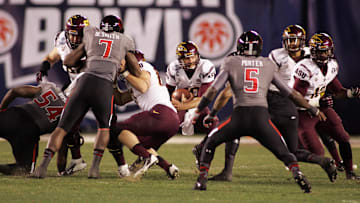 Arizona State Sun Devils quarterback  rushing room against the Texas Tech Red Raiders . Mandatory Credit: Michael C. Johnson-Imagn Images