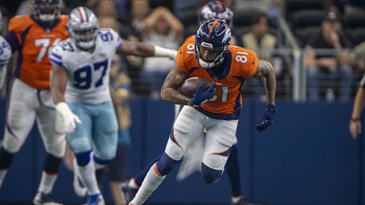 Nov 7, 2021; Arlington, Texas, USA; Denver Broncos wide receiver Tim Patrick (81) in action during the game between the Dallas Cowboys and the Denver Broncos at AT&T Stadium. Mandatory Credit: Jerome Miron-Imagn Images