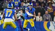 Los Angeles Rams quarterback Matthew Stafford (9) throws the ball to receiver Puka Nacua (17) against the Minnesota Vikings during their playoff game at State Farm Stadium on Jan. 13, 2025, in Glendale.
