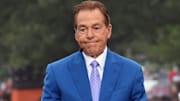 Nick Saban is on stage at ESPN College GameDay ahead of the University of Oklahoma-Michigan College football game on Sep 6, 2025 in Norman.