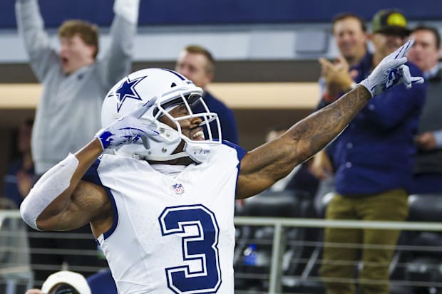Dallas Cowboys wide receiver Brandin Cooks reacts after scoring a touchdown against the Cincinnati Bengals. 