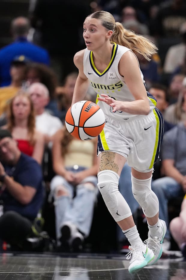 Dallas Wings guard Paige Bueckers rushes up the court during the game at Gainbridge Fieldhouse in Indianapolis