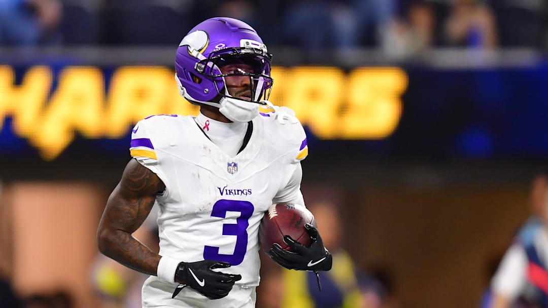 Oct 23, 2025; Inglewood, California, USA; Minnesota Vikings wide receiver Jordan Addison (3) reacts after making a touchdown during the second half at SoFi Stadium. Mandatory Credit: Gary A. Vasquez-Imagn Images