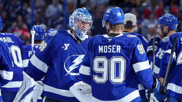 Apr 21, 2026; Tampa, Florida, USA; Tampa Bay Lightning defenseman J.J. Moser (90) and goaltender Andrei Vasilevskiy (88) react after beating the Montreal Canadiens in overtime during game two of the first round of the 2026 Stanley Cup Playoffs at Benchmark International Arena. Mandatory Credit: Nathan Ray Seebeck-Imagn Images Apr 21, 2026; Tampa, Florida, USA; Tampa Bay Lightning defenseman J.J. Moser (90) and goaltender Andrei Vasilevskiy (88) react after beating the Montreal Canadiens in overtime during game two of the first round of the 2026 Stanley Cup Playoffs at Benchmark International Arena. Mandatory Credit: Nathan Ray Seebeck-Imagn Images