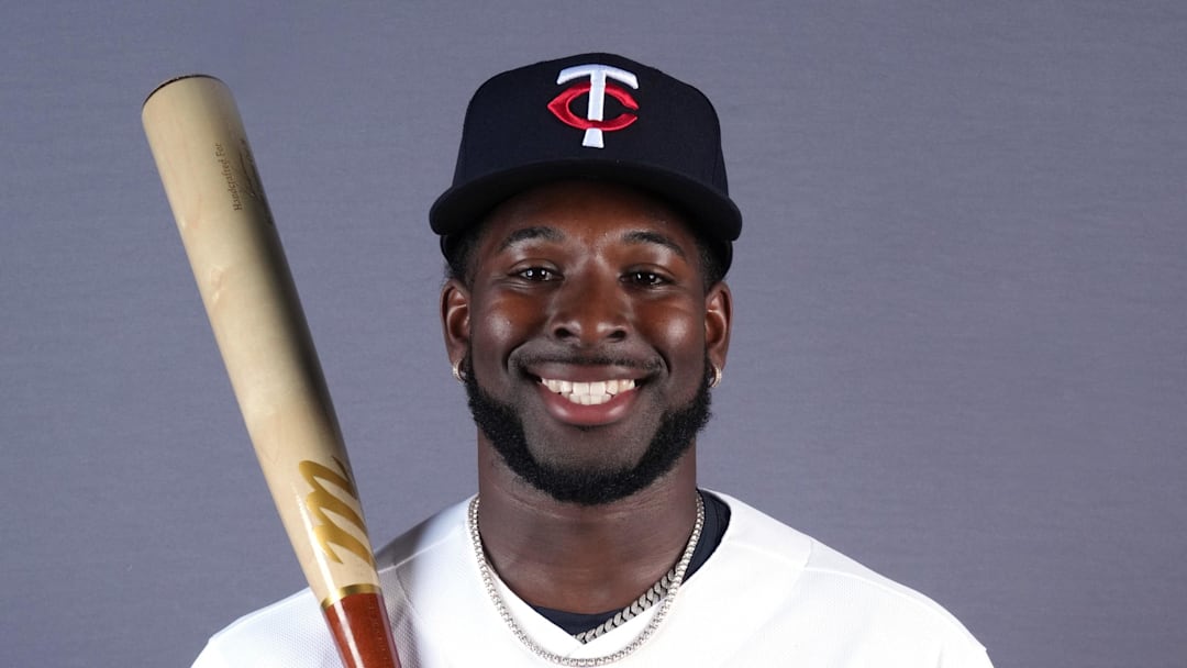 Feb 19, 2026; Lee County, FL, USA;  Minnesota Twins shortstop Kaelen Culpepper (76) poses during photo day at Hammond Stadium. Mandatory Credit: Jim Rassol-Imagn Images