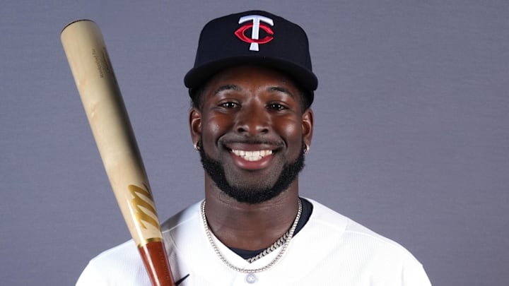 Feb 19, 2026; Lee County, FL, USA;  Minnesota Twins shortstop Kaelen Culpepper (76) poses during photo day at Hammond Stadium. Mandatory Credit: Jim Rassol-Imagn Images