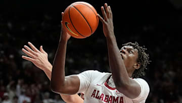 Jan 4, 2025; Tuscaloosa, AL, USA; Alabama forward Aiden Sherrell (22) gets an offensive rebound at Coleman Coliseum. Alabama defeated Oklahoma 107-79. Mandatory Credit: Gary Cosby Jr.-Tuscaloosa News
