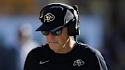 Oct 7, 2023; Tempe, Arizona, USA; Colorado Buffaloes tight end coach Tim Brewster against the Arizona State Sun Devils at Mountain America Stadium. Mandatory Credit: Mark J. Rebilas-Imagn Images