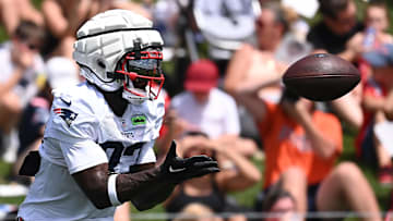 Aug 03, 2024; Foxborough, MA, USA; New England Patriots wide receiver Jalen Reagor (83) makes a catch during training camp at Gillette Stadium.