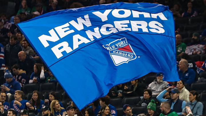 Mar 16, 2025; New York, New York, USA; A New York Rangers flag is seen in the crown during the first period against the Edmonton Oilers at Madison Square Garden. Mar 16, 2025; New York, New York, USA; A New York Rangers flag is seen in the crown during the first period against the Edmonton Oilers at Madison Square Garden.