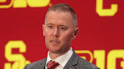 Jul 24, 2025; Las Vegas, NV, USA; USC head coach Lincoln Riley speaks to the media during the Big Ten NCAA college football media days at Mandalay Bay Resort. Mandatory Credit: Lucas Peltier-Imagn Images