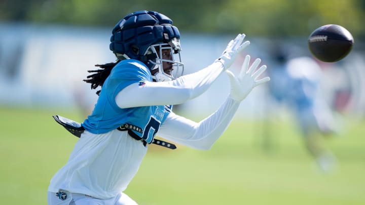 Tennessee Titans wide receiver Calvin Ridley (0) makes a catch during training camp at Ascension Saint Thomas Sports Park in Nashvillet, Tenn., Wednesday, Aug. 21 2024.