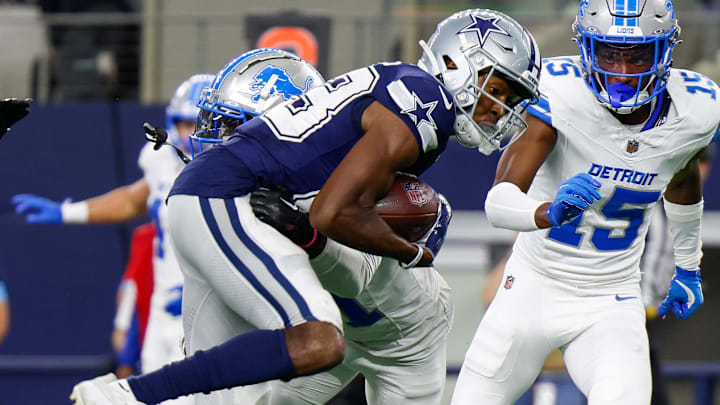 Oct 13, 2024; Arlington, Texas, USA; Dallas Cowboys wide receiver Jalen Brooks (83) makes a reception during the fourth quarter against the Detroit Lions at AT&T Stadium. Mandatory Credit: Andrew Dieb-Imagn Images Oct 13, 2024; Arlington, Texas, USA; Dallas Cowboys wide receiver Jalen Brooks (83) makes a reception during the fourth quarter against the Detroit Lions at AT&T Stadium. Mandatory Credit: Andrew Dieb-Imagn Images