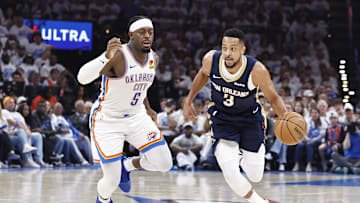 New Orleans Pelicans guard CJ McCollum (3) drives.