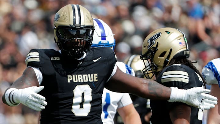 Purdue Boilermakers defensive lineman Jeffrey M'Ba (0) celebrates after a defensive stop Saturday, Aug. 31, 2024, during the NCAA football game against the Indiana State Sycamores at Ross-Ade Stadium in West Lafayette, Ind. Purdue Boilermakers won 49-0.