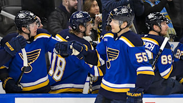 Jan 27, 2025; St. Louis, Missouri, USA;  St. Louis Blues defenseman Colton Parayko (55) is congratulated by left wing Jake Neighbours (63) after scoring against the Vancouver Canucks during the third period at Enterprise Center. Mandatory Credit: Jeff Curry-Imagn Images