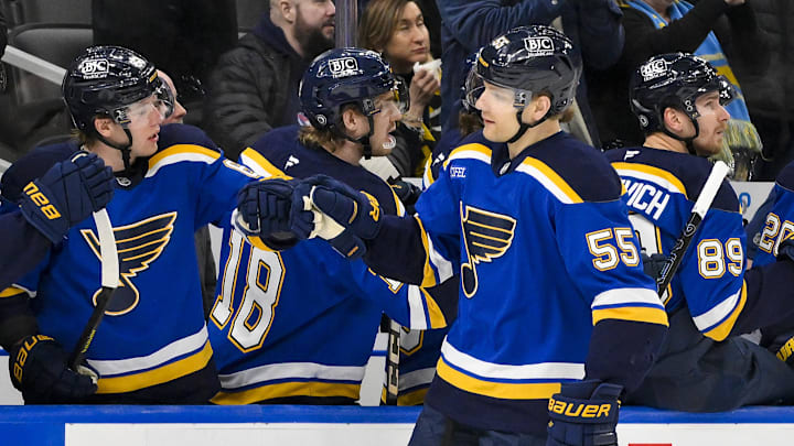 Jan 27, 2025; St. Louis, Missouri, USA;  St. Louis Blues defenseman Colton Parayko (55) is congratulated by left wing Jake Neighbours (63) after scoring against the Vancouver Canucks during the third period at Enterprise Center. Mandatory Credit: Jeff Curry-Imagn Images