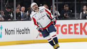 Washington Capitals left wing Alex Ovechkin celebrates a goal against the Utah Hockey Club.