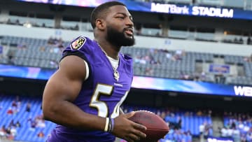 Aug 27, 2022; Baltimore, Maryland, USA;  Baltimore Ravens linebacker Tyus Bowser (54) runs across the field during the first quarter against the Washington Commanders at M&T Bank Stadium.