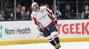 Nov 18, 2024; Salt Lake City, Utah, USA; Washington Capitals left wing Alex Ovechkin (8) celebrates a goal against the Utah Hockey Club during the first period at Delta Center. Mandatory Credit: Rob Gray-Imagn Images