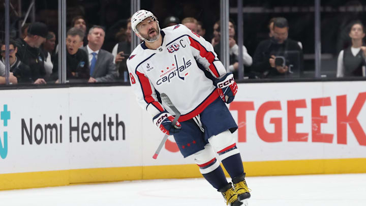 Nov 18, 2024; Salt Lake City, Utah, USA; Washington Capitals left wing Alex Ovechkin (8) celebrates a goal against the Utah Hockey Club during the first period at Delta Center. Mandatory Credit: Rob Gray-Imagn Images