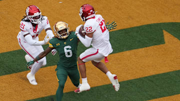 Houston Cougars defensive back Marc Stampley II (22) intercepts a pass intended for Baylor Bears wide receiver Ashtyn Hawkins (6) during the first half at McLane Stadium.