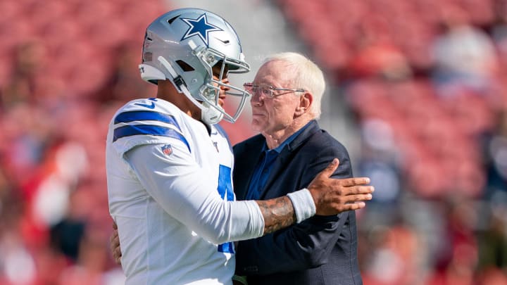 August 10, 2019; Santa Clara, CA, USA; Dallas Cowboys quarterback Dak Prescott (4) and owner Jerry Jones (right) before the game against the San Francisco 49ers at Levi's Stadium. 