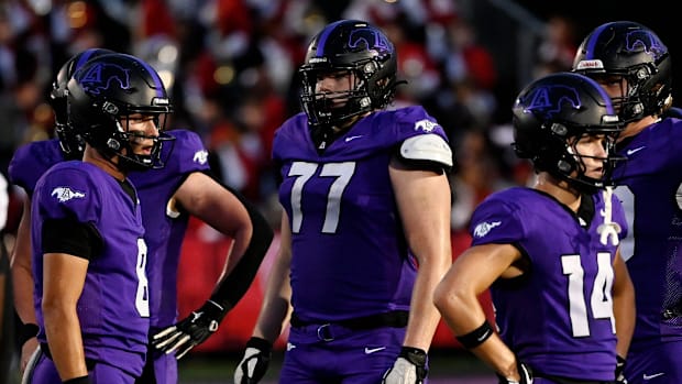 Lipscomb Academy's Weston Hicks (77) lines up for the next play during an high school football game against Thompson