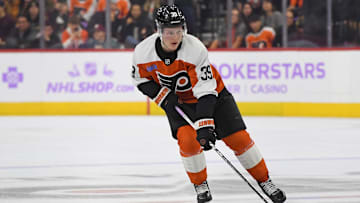 Nov 25, 2024; Philadelphia, Pennsylvania, USA; Philadelphia Flyers right wing Matvei Michkov (39) against the Vegas Golden Knights at Wells Fargo Center. Mandatory Credit: Eric Hartline-Imagn Images