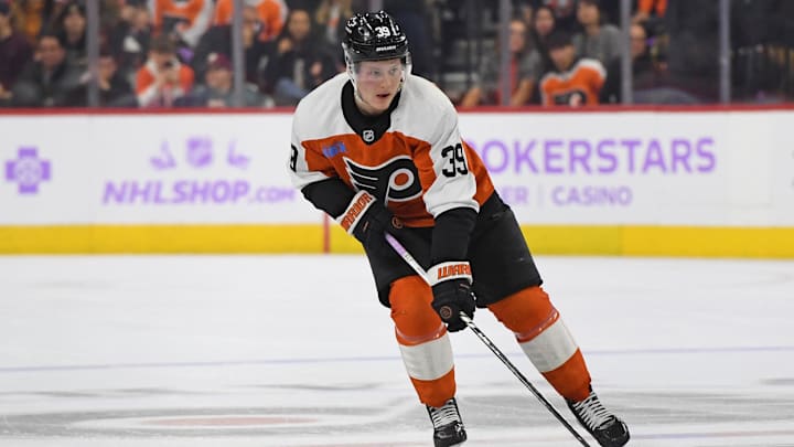 Nov 25, 2024; Philadelphia, Pennsylvania, USA; Philadelphia Flyers right wing Matvei Michkov (39) against the Vegas Golden Knights at Wells Fargo Center. Mandatory Credit: Eric Hartline-Imagn Images