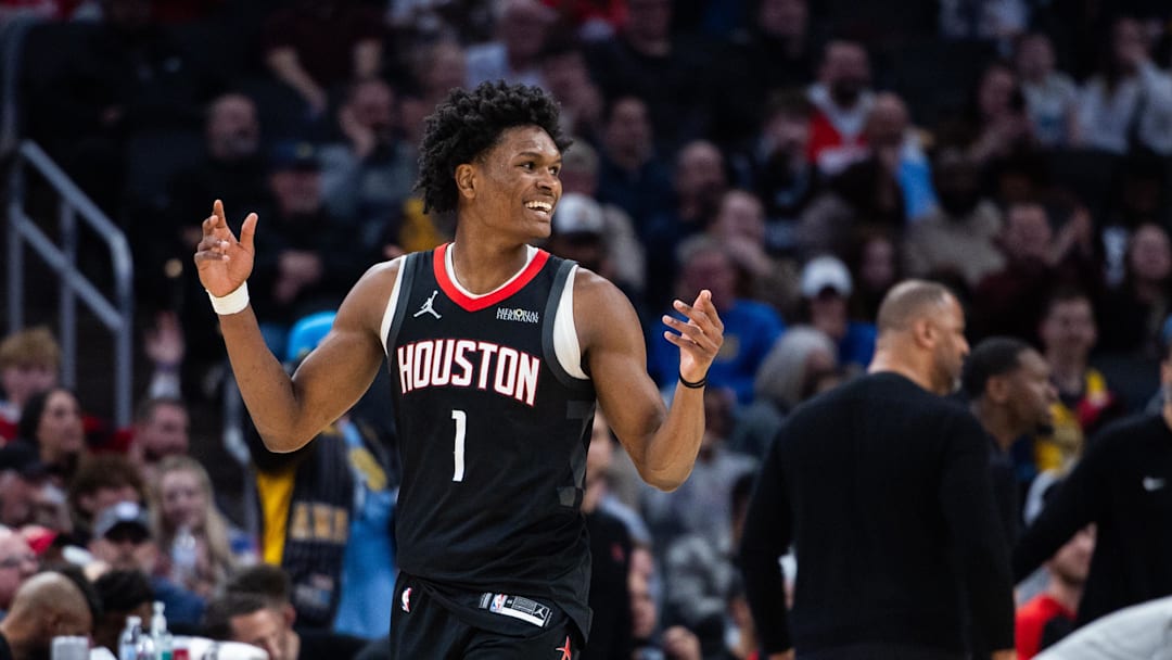 Mar 4, 2025; Indianapolis, Indiana, USA; Houston Rockets forward Amen Thompson (1) reacts to a call  in the second half against the Indiana Pacers at Gainbridge Fieldhouse. Mandatory Credit: Trevor Ruszkowski-Imagn Images