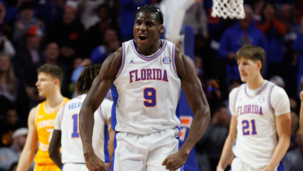Jan 7, 2025; Gainesville, Florida, USA; Florida Gators center Rueben Chinyelu (9) reacts after a foul call against the Tennes