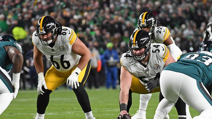 Dec 15, 2024; Philadelphia, Pennsylvania, USA; Pittsburgh Steelers guard Mason McCormick (66) and center Zach Frazier (54) against the Philadelphia Eagles at Lincoln Financial Field. Mandatory Credit: Eric Hartline-Imagn Images