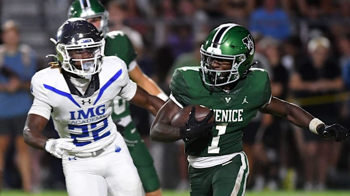 Venice High wide receiver Winston Watkins (#1) is pursued by IMG Academy defender Tranard Roberts (#22). The Venice High School Indians hosted the IMG Academy Ascenders National team on Friday, Oct. 4, 2024. Venice High wide receiver Winston Watkins (#1) is pursued by IMG Academy defender Tranard Roberts (#22). The Venice High School Indians hosted the IMG Academy Ascenders National team on Friday, Oct. 4, 2024.