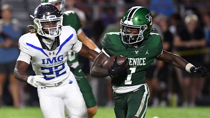 Venice High wide receiver Winston Watkins (#1) is pursued by IMG Academy defender Tranard Roberts (#22). The Venice High School Indians hosted the IMG Academy Ascenders National team on Friday, Oct. 4, 2024. Venice High wide receiver Winston Watkins (#1) is pursued by IMG Academy defender Tranard Roberts (#22). The Venice High School Indians hosted the IMG Academy Ascenders National team on Friday, Oct. 4, 2024.