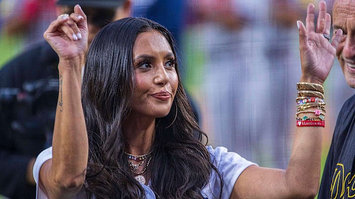 Vanessa Bryant before the ceremonial first pitch prior to the regular season MLB game between the Los Angeles Dodgers and the Atlanta Braves. Vanessa Bryant before the ceremonial first pitch prior to the regular season MLB game between the Los Angeles Dodgers and the Atlanta Braves.