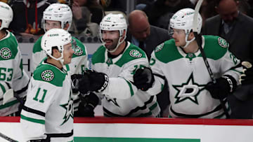 Nov 11, 2024; Pittsburgh, Pennsylvania, USA;  Dallas Stars center Logan Stankoven (11) celebrates his goal with the Stars bench against the Pittsburgh Penguins during the first period at PPG Paints Arena. Mandatory Credit: Charles LeClaire-Imagn Images
