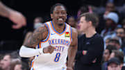 Dec 7, 2025; Salt Lake City, Utah, USA; Oklahoma City Thunder guard Jalen Williams (8) reacts after a dunk against the Utah Jazz during the second half at Delta Center.