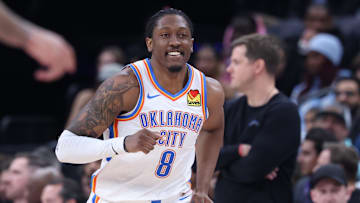 Dec 7, 2025; Salt Lake City, Utah, USA; Oklahoma City Thunder guard Jalen Williams (8) reacts after a dunk against the Utah Jazz during the second half at Delta Center. Mandatory Credit: Rob Gray-Imagn Images