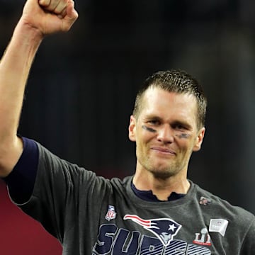 Feb 5, 2017; Houston, TX, USA; New England Patriots quarterback Tom Brady (12) celebrates after defeating the Atlanta Falcons during Super Bowl LI at NRG Stadium.  The Patriots won 34-28. Mandatory Credit: Dan Powers-Imagn Images