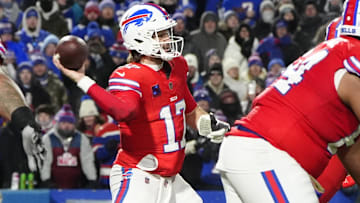 Buffalo Bills QB Josh Allen throws the ball against the New England Patriots during the second half at Highmark Stadium.