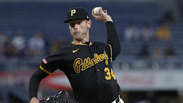 Sep 10, 2024; Pittsburgh, Pennsylvania, USA;  Pittsburgh Pirates relief pitcher Joey Wentz (34) pitches against the Miami Marlins during the fourth inning at PNC Park. Mandatory Credit: Charles LeClaire-Imagn Images