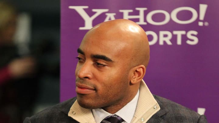 Feb 3, 2011; Dallas, TX, USA; NFL former player Tiki Barber is interviewed on radio row at the Sheraton in downtown Dallas. Mandatory Credit: Matthew Emmons-USA TODAY Sports