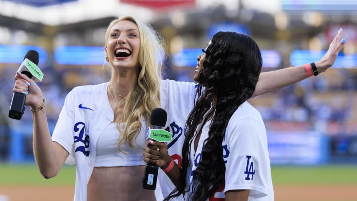 May, 20 2024: Cameron Brink and Rickea Jackson of the Los Angeles Sparks throw out the first pitch at the Dodgers game.