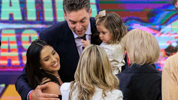 March 7, 2023: Pau Gasol embraces Vanessa Bryant during his jersey retirement ceremony at halftime in the NBA.