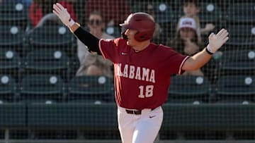 Feb 25, 2025; Tuscaloosa, AL, USA; Alabama hitter Will Hodo celebrates his home run against Jacksonville State at Sewell-Thomas Stadium.