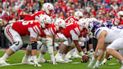 The Nebraska offensive line readies for a snap against Northwestern on Oct. 25, 2025.